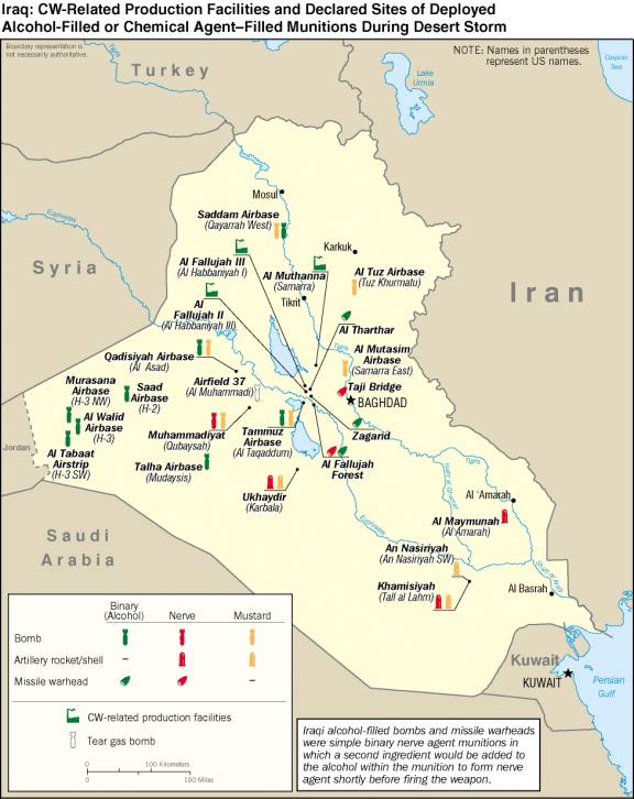Map of Iraq showing Iraqi CW-related production facilities and declared sites of deployed alcohol-filled or chemical agent-filled munitions During desert Storm