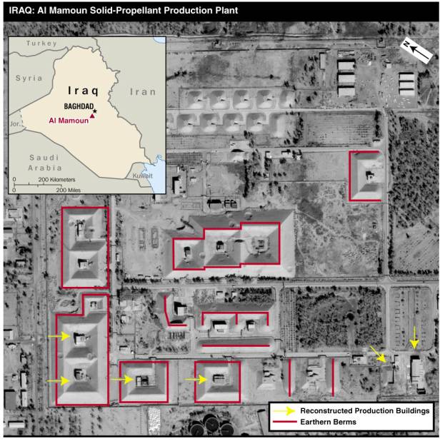 Map of Iraq and satellite image showing Iraq's Al Mamoun solid-propellant production plant